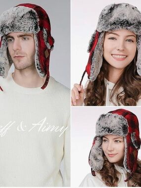Red Plaid Faux Fur Bomber Hat
